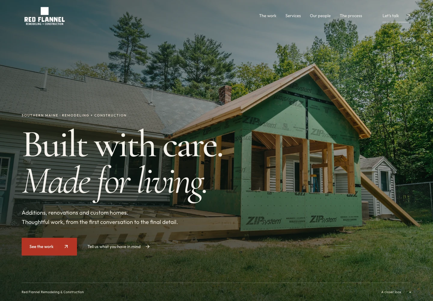 The Red Flannel Remodeling website showing its construction services and project photography